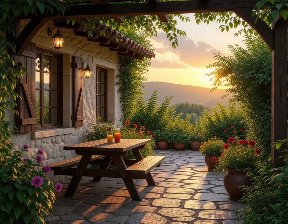 Exterior of the guesthouse at sunset